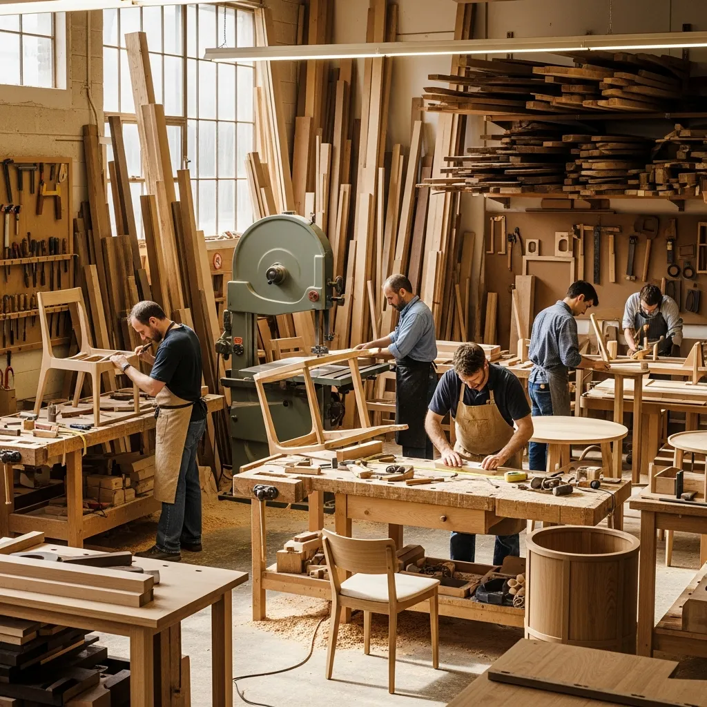 Vores træværksted med møbelsnedkere i arbejde